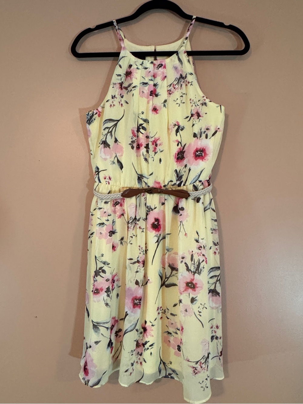 Yellow Floral Halter Dress with Belt